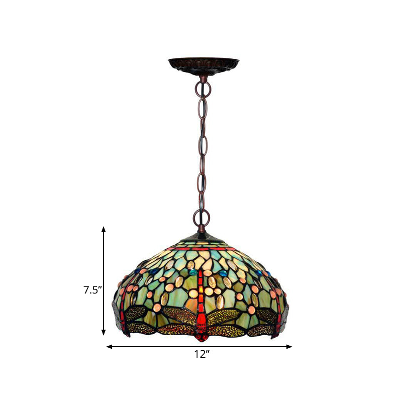 Suspension en vitrail libellule - Couleur rouge/vert victorien - Plafonnier suspendu à 1 lampe