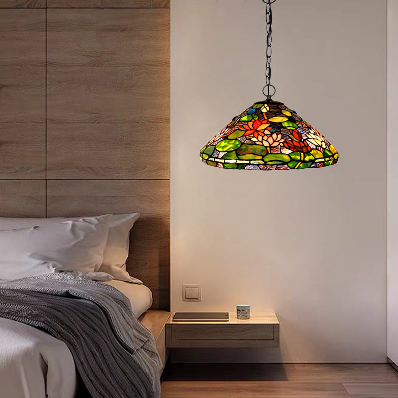 Lustre en vitrail victorien - Pendentif à fleurs vertes avec 2 lumières