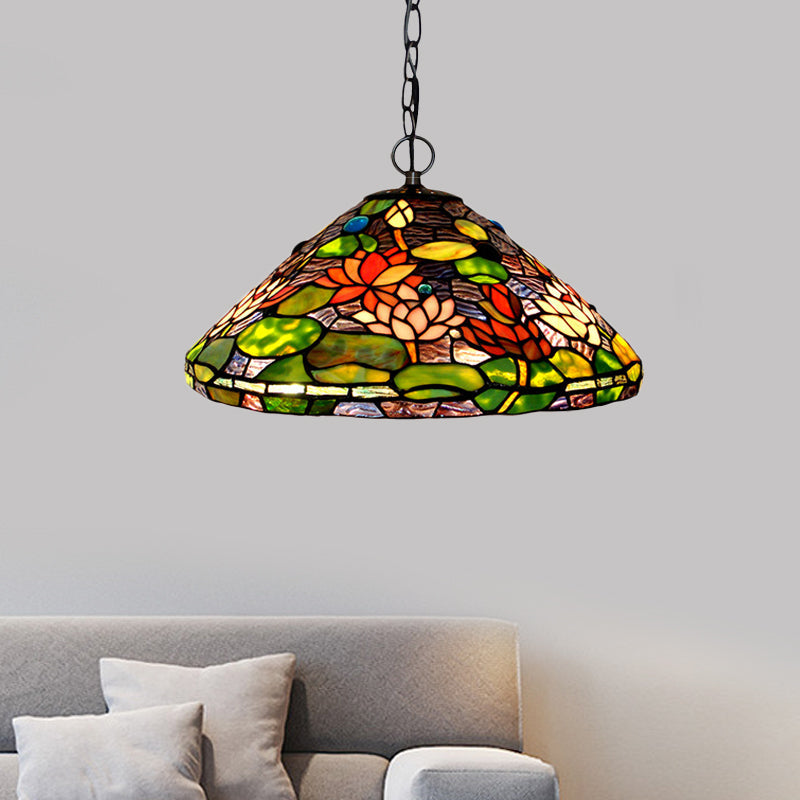 Lustre en vitrail victorien - Pendentif à fleurs vertes avec 2 lumières
