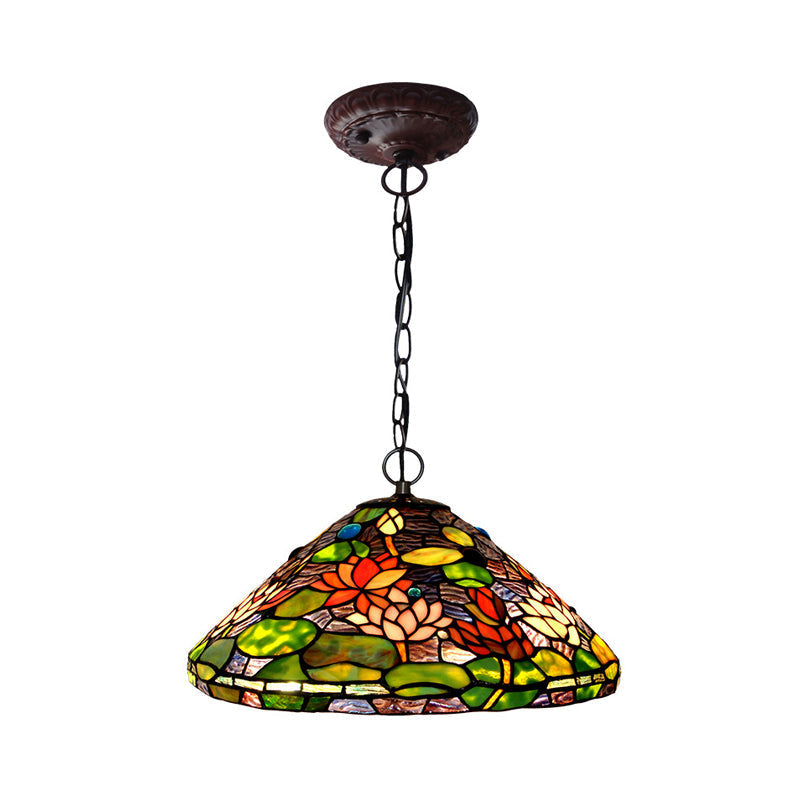 Lustre en vitrail victorien - Pendentif à fleurs vertes avec 2 lumières