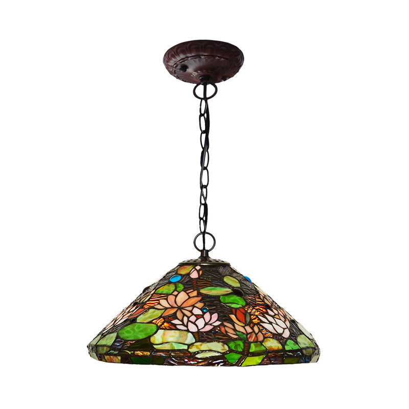 Lustre en vitrail victorien - Pendentif à fleurs vertes avec 2 lumières