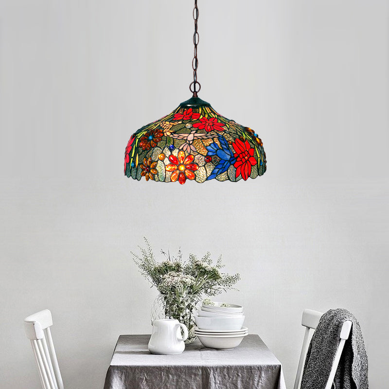 Lustre en verre à pétales colorés - Suspension à 3 lumières en bronze pour salle à manger