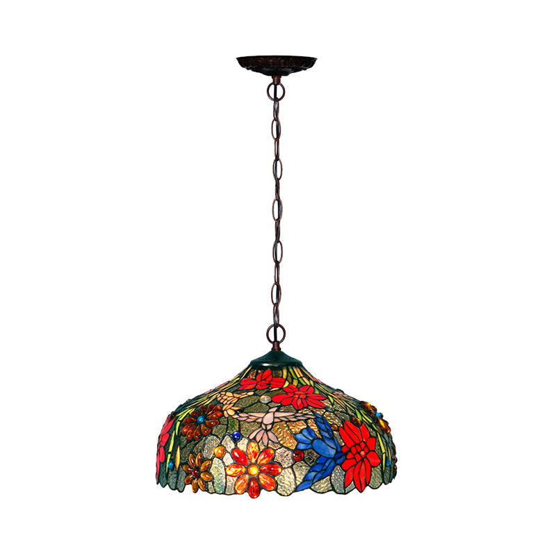 Lustre en verre à pétales colorés - Suspension à 3 lumières en bronze pour salle à manger