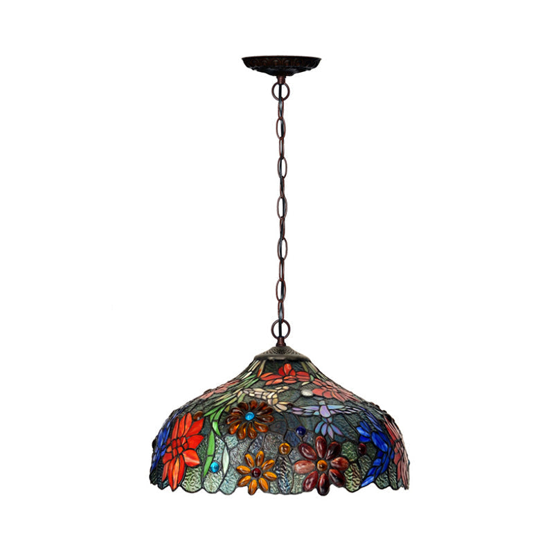 Lustre en verre à pétales colorés - Suspension à 3 lumières en bronze pour salle à manger