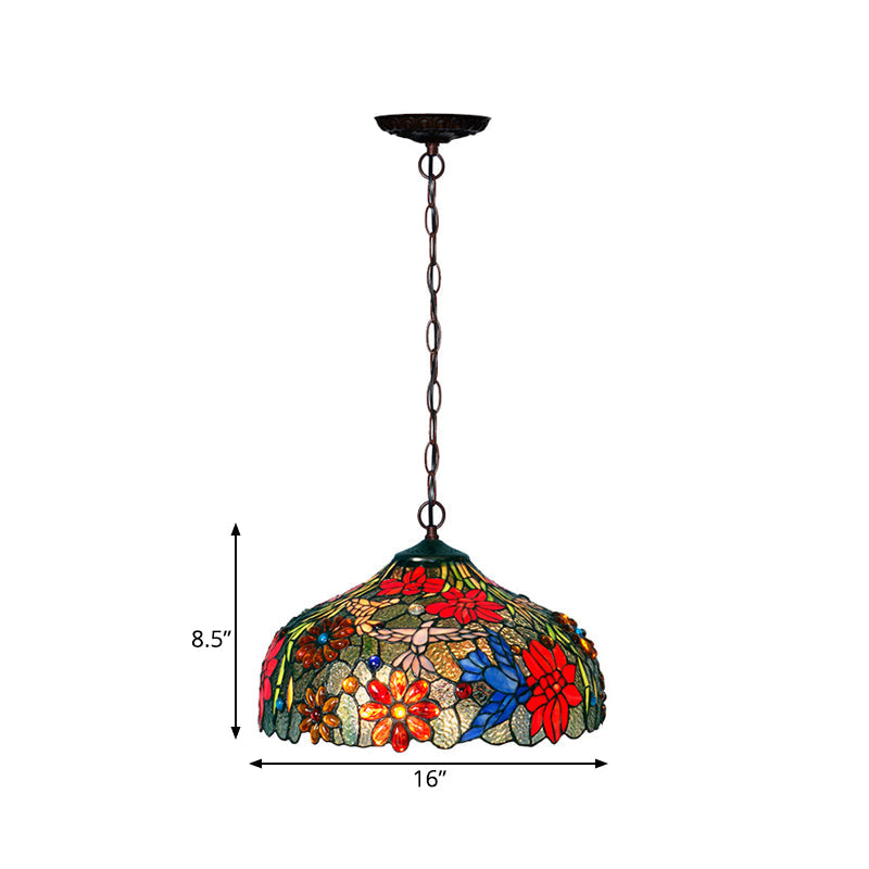 Lustre en verre à pétales colorés - Suspension à 3 lumières en bronze pour salle à manger