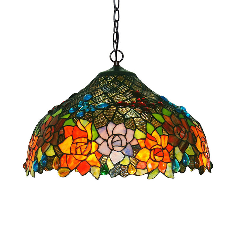Lustre en verre à pétales colorés - Suspension à 3 lumières en bronze pour salle à manger