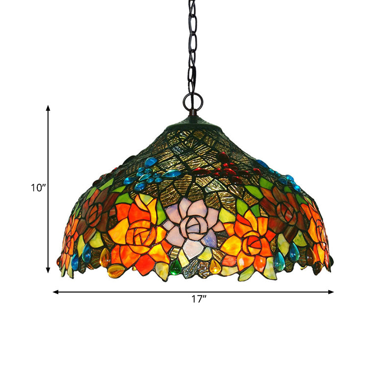 Lustre en verre à pétales colorés - Suspension à 3 lumières en bronze pour salle à manger