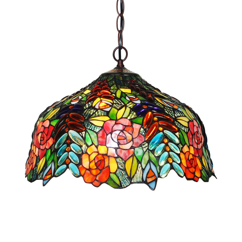 Lustre en verre à pétales colorés - Suspension à 3 lumières en bronze pour salle à manger