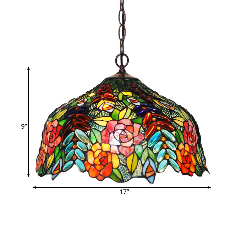 Lustre en verre à pétales colorés - Suspension à 3 lumières en bronze pour salle à manger
