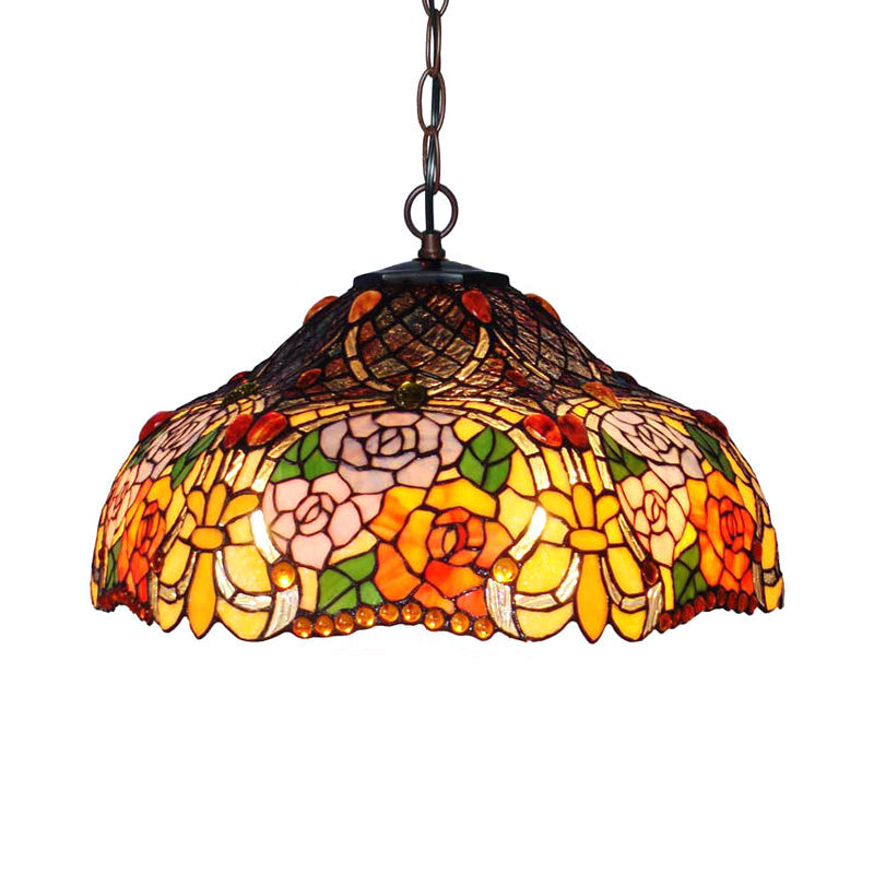 Lustre en verre à pétales colorés - Suspension à 3 lumières en bronze pour salle à manger