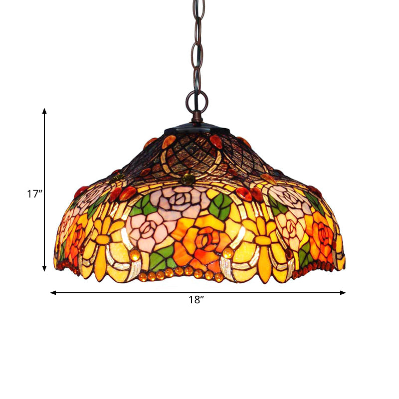Lustre en verre à pétales colorés - Suspension à 3 lumières en bronze pour salle à manger
