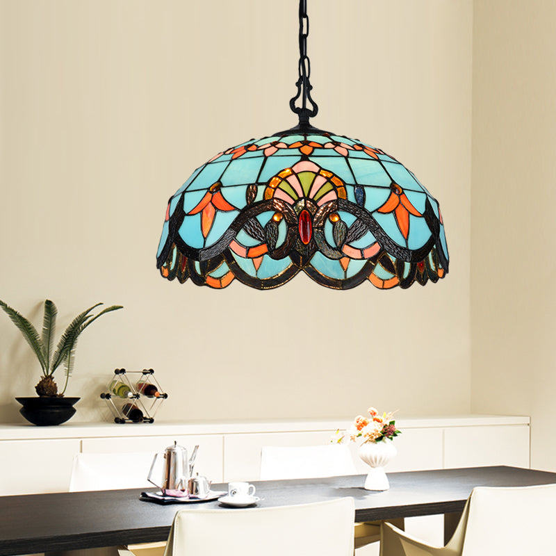 Blue Cut Glass Pendant Light Kit - 12"/16" W, Domed, 1 Light, Mediterranean Style