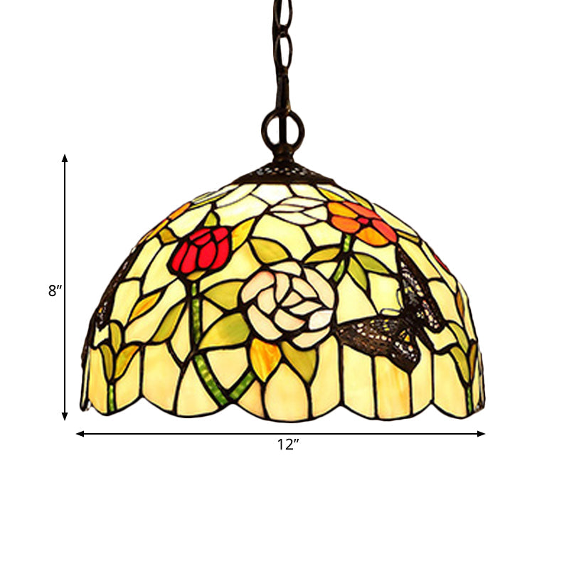 Lustre de cuisine méditerranéen à 1/2 ampoule avec abat-jour en verre rouge/jaune - 12"/16" L