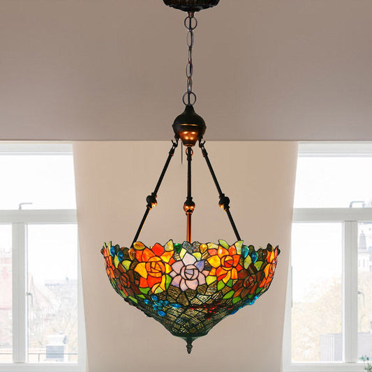 Lustre en verre teinté à motif floral méditerranéen avec 3 lampes suspendues en rouge/orange/vert