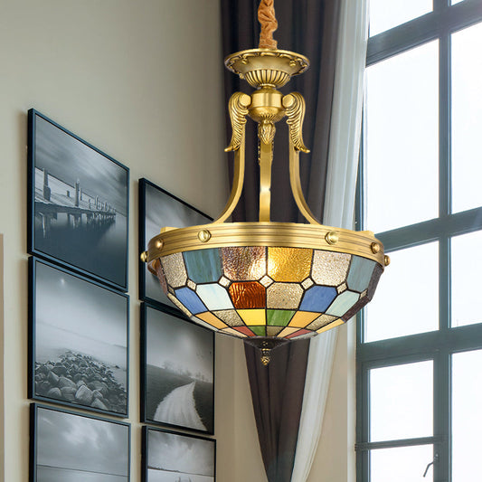 Lustre Tiffany bleu : suspension à 3 lumières avec abat-jour en verre taillé pour cuisine