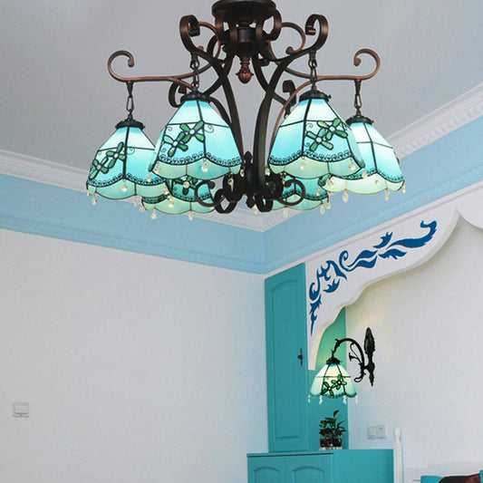 Lustre baroque en verre taillé à la main - 6 lumières - Bleu/argent texturé - Plafonnier de salon