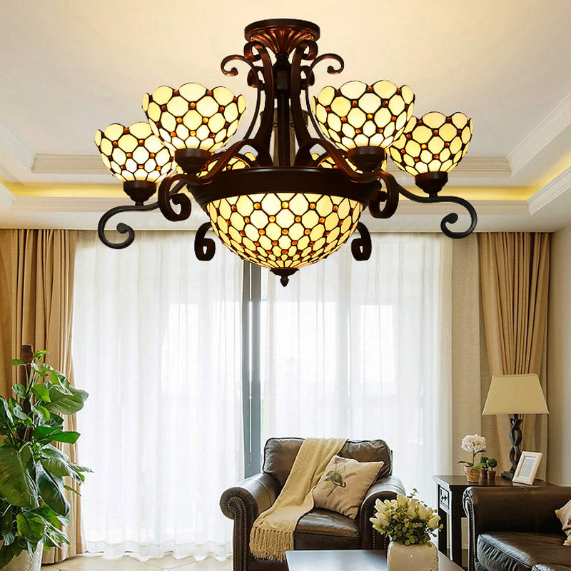 Lustre en vitrail Tiffany - Design bombé, 9 lumières - Blanc/rouge/beige - Idéal pour l'éclairage de suspension du salon