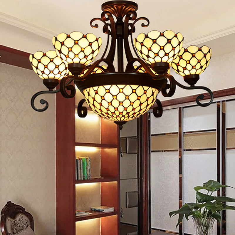 Lustre en vitrail Tiffany - Design bombé, 9 lumières - Blanc/rouge/beige - Idéal pour l'éclairage de suspension du salon