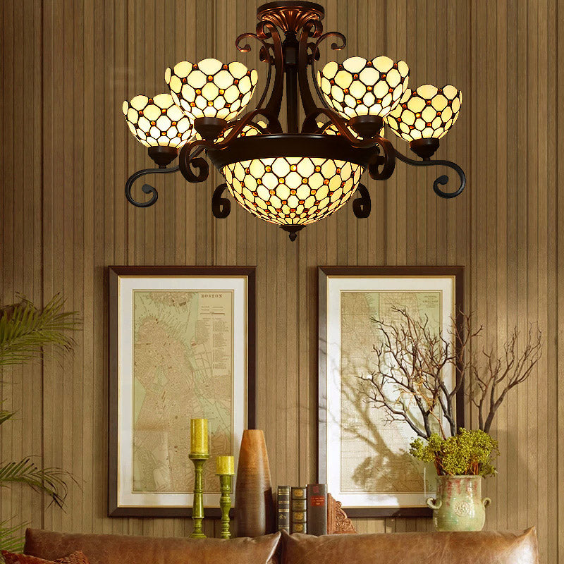 Lustre en vitrail Tiffany - Design bombé, 9 lumières - Blanc/rouge/beige - Idéal pour l'éclairage de suspension du salon
