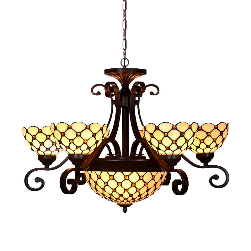 Lustre en vitrail Tiffany - Design bombé, 9 lumières - Blanc/rouge/beige - Idéal pour l'éclairage de suspension du salon