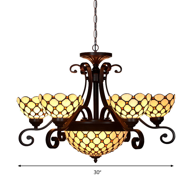 Lustre en vitrail Tiffany - Design bombé, 9 lumières - Blanc/rouge/beige - Idéal pour l'éclairage de suspension du salon