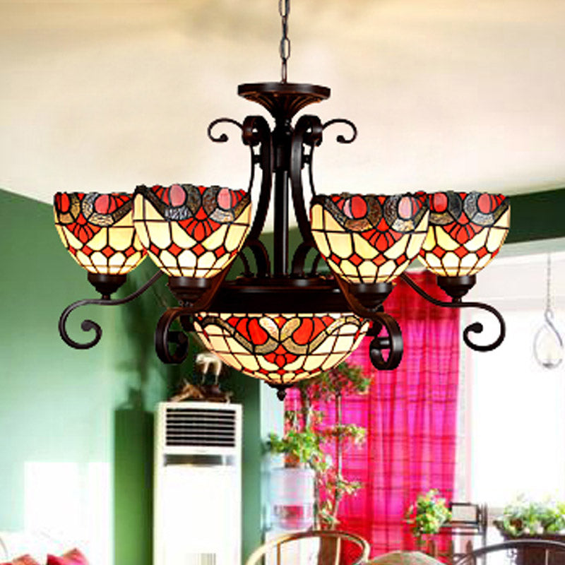 Lustre en vitrail Tiffany - Design bombé, 9 lumières - Blanc/rouge/beige - Idéal pour l'éclairage de suspension du salon