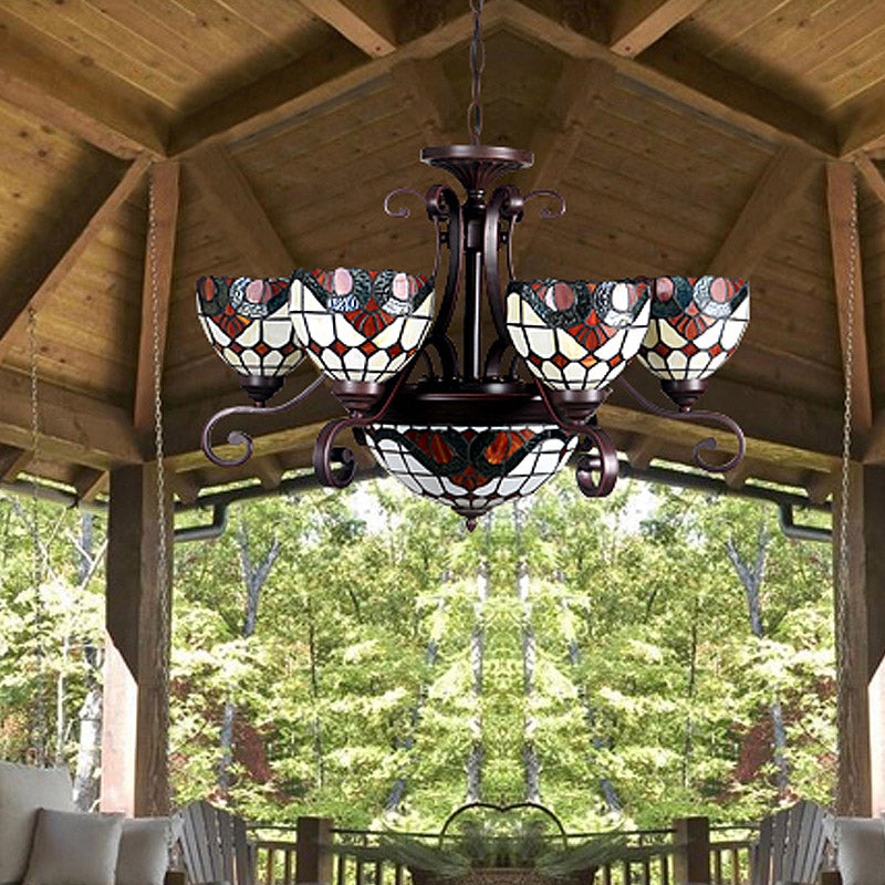 Lustre en vitrail Tiffany - Design bombé, 9 lumières - Blanc/rouge/beige - Idéal pour l'éclairage de suspension du salon