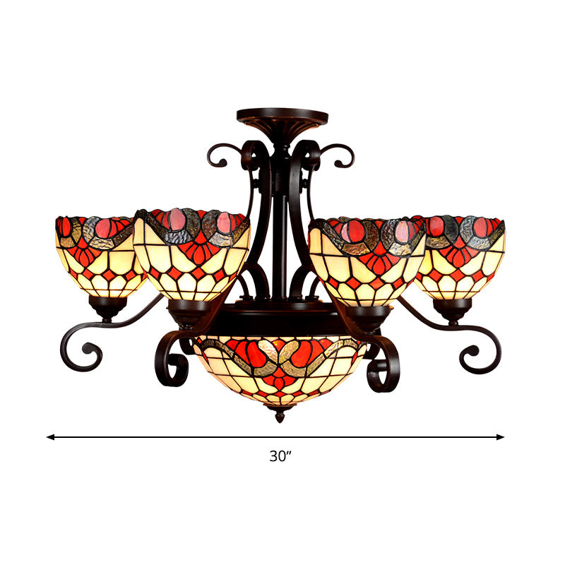 Lustre en vitrail Tiffany - Design bombé, 9 lumières - Blanc/rouge/beige - Idéal pour l'éclairage de suspension du salon