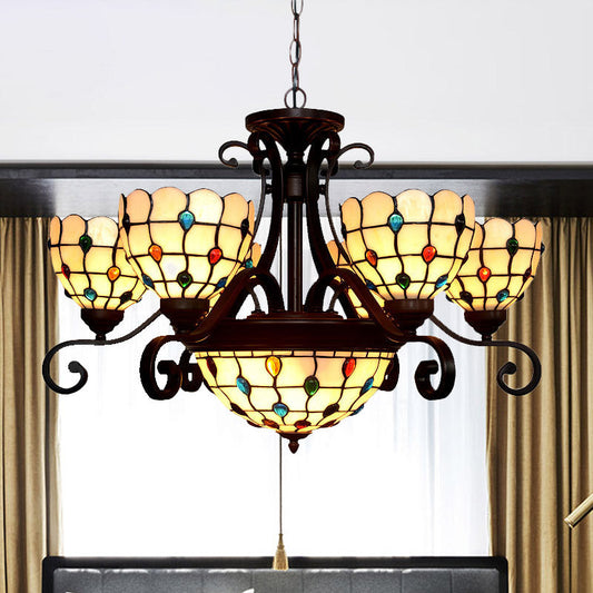 Lustre en vitrail Tiffany - Design bombé, 9 lumières - Blanc/rouge/beige - Idéal pour l'éclairage de suspension du salon