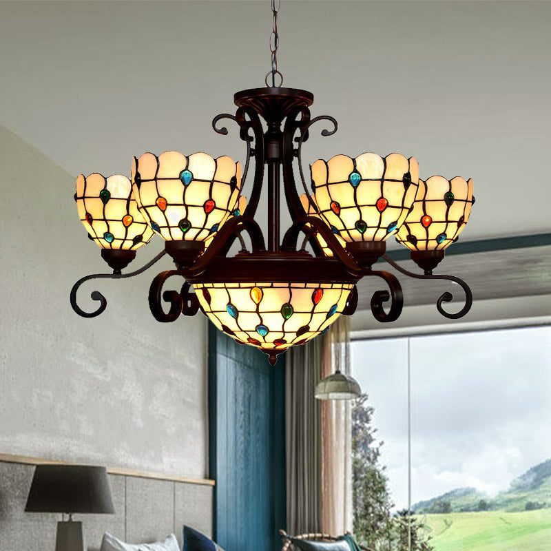 Lustre en vitrail Tiffany - Design bombé, 9 lumières - Blanc/rouge/beige - Idéal pour l'éclairage de suspension du salon