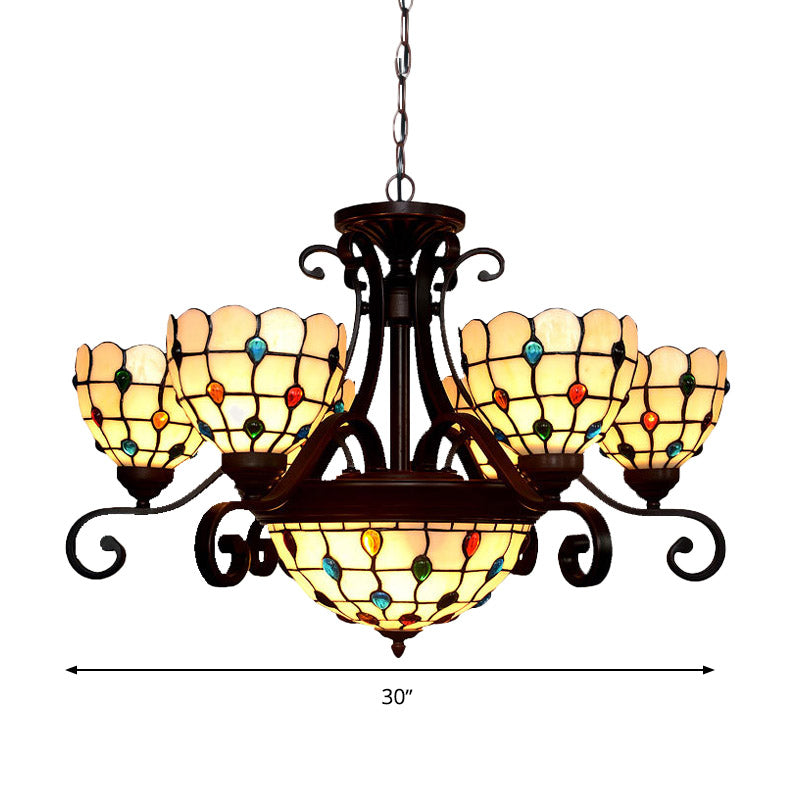 Lustre en vitrail Tiffany - Design bombé, 9 lumières - Blanc/rouge/beige - Idéal pour l'éclairage de suspension du salon