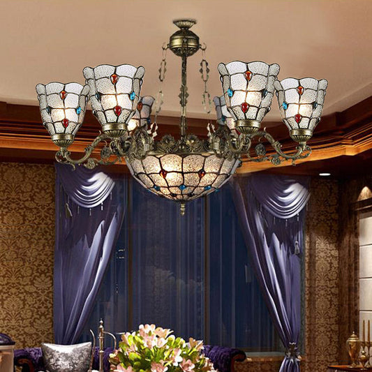 Lustre à bras de style Tiffany avec abat-jour en verre dépoli - Lampe suspendue en bronze à 9/12 lumières pour salon