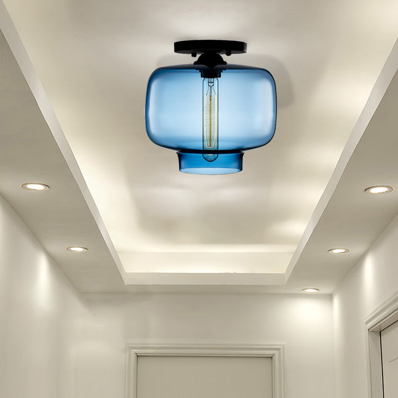 Modern Multi-Colored Lantern Flushmount Light with Glass Shade - Black Finish