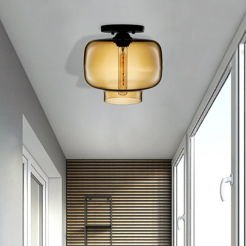 Modern Multi-Colored Lantern Flushmount Light with Glass Shade - Black Finish
