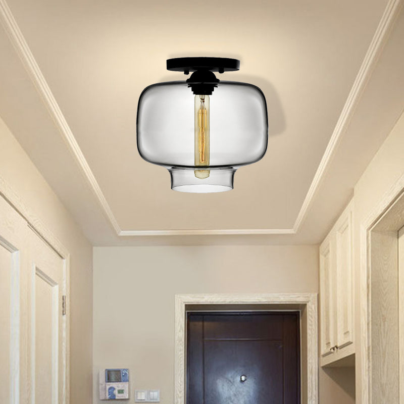 Modern Multi-Colored Lantern Flushmount Light with Glass Shade - Black Finish