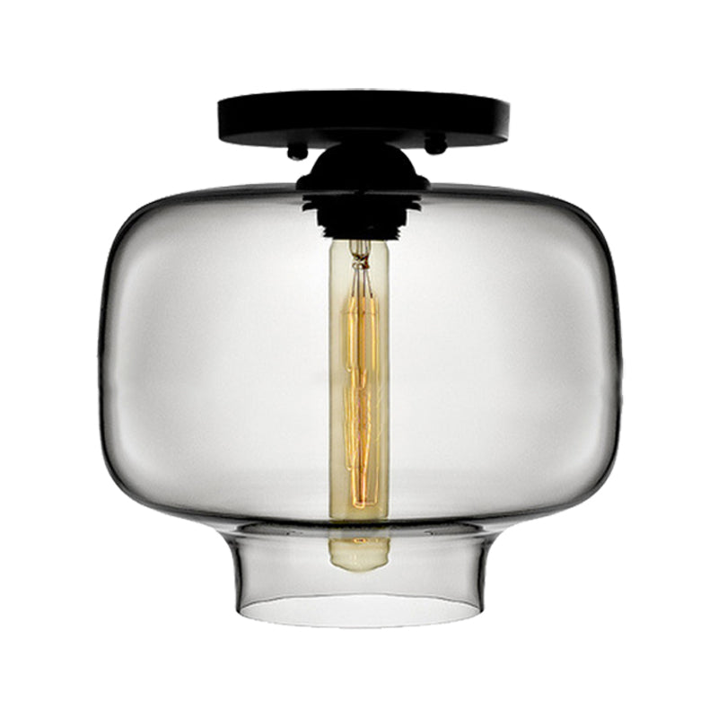 Modern Multi-Colored Lantern Flushmount Light with Glass Shade - Black Finish