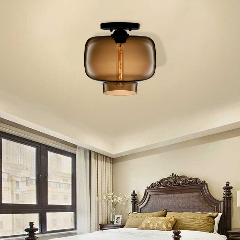 Modern Multi-Colored Lantern Flushmount Light with Glass Shade - Black Finish