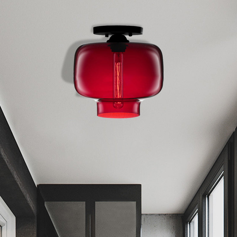 Modern Multi-Colored Lantern Flushmount Light with Glass Shade - Black Finish