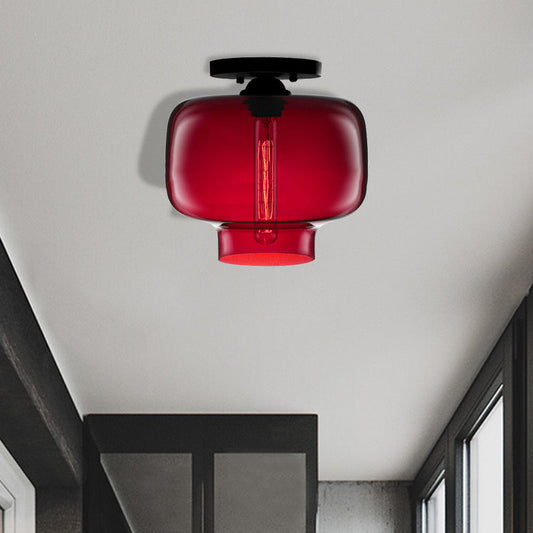 Modern Multi-Colored Lantern Flushmount Light with Glass Shade - Black Finish