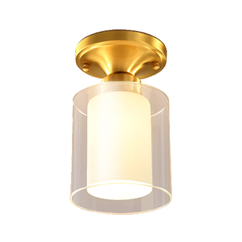 Plafonnier semi-encastré cylindrique finition dorée - Abat-jour en verre - Montage semi-encastré simple à 1 ampoule - Idéal pour le couloir