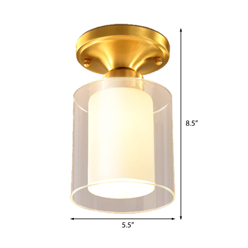 Plafonnier semi-encastré cylindrique finition dorée - Abat-jour en verre - Montage semi-encastré simple à 1 ampoule - Idéal pour le couloir