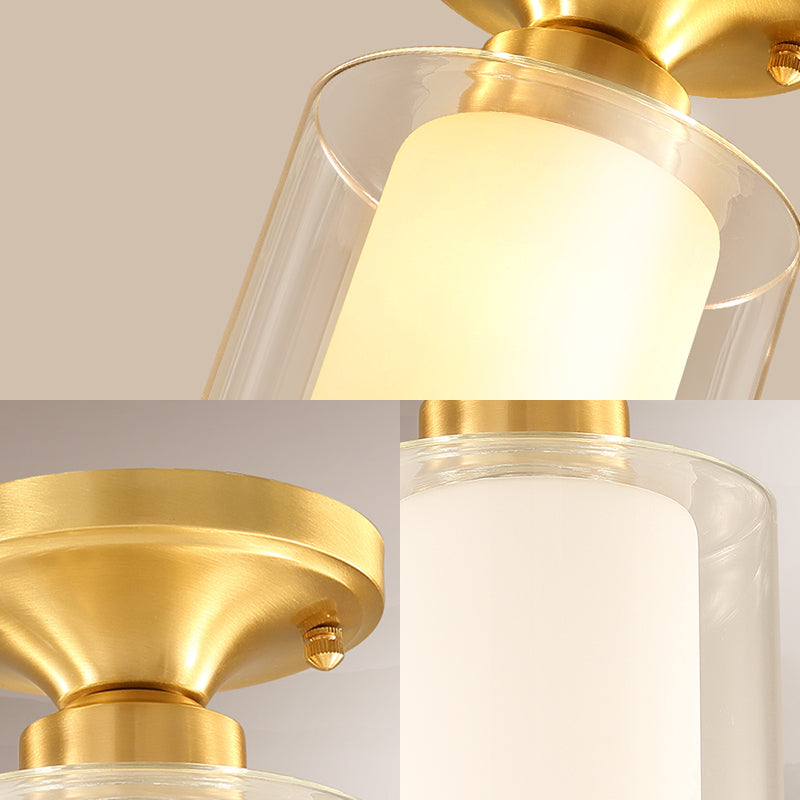 Plafonnier semi-encastré cylindrique finition dorée - Abat-jour en verre - Montage semi-encastré simple à 1 ampoule - Idéal pour le couloir