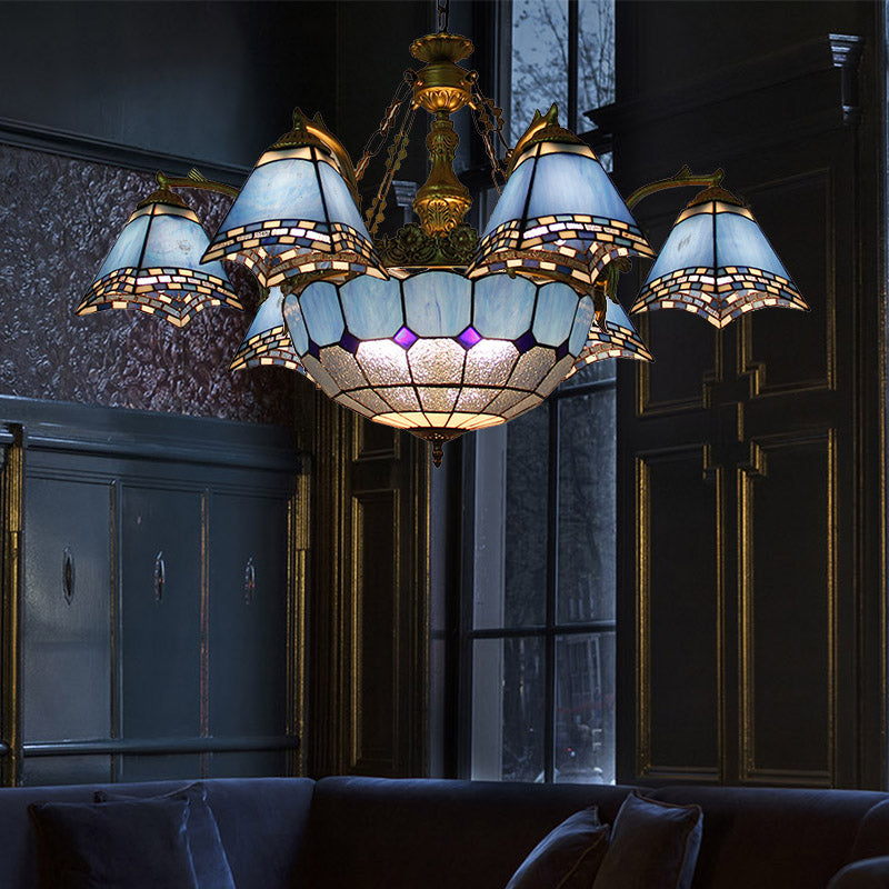 Lustre baroque en vitrail : suspension pyramidale bleue pour salon - 9/11 lumières