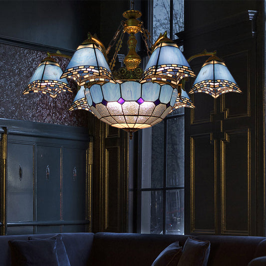 Lustre baroque en vitrail : suspension pyramidale bleue pour salon - 9/11 lumières