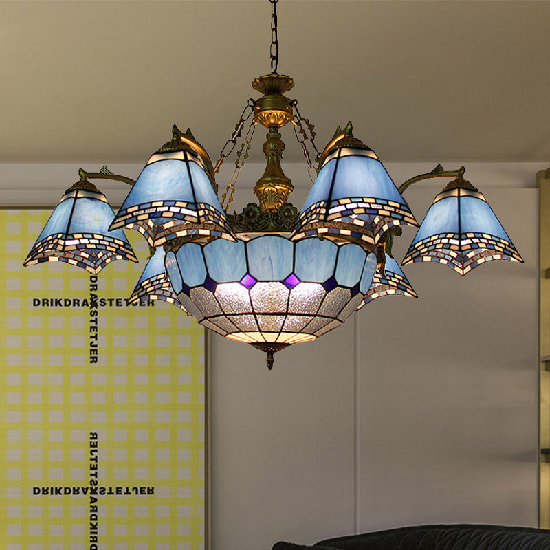 Lustre baroque en vitrail : suspension pyramidale bleue pour salon - 9/11 lumières
