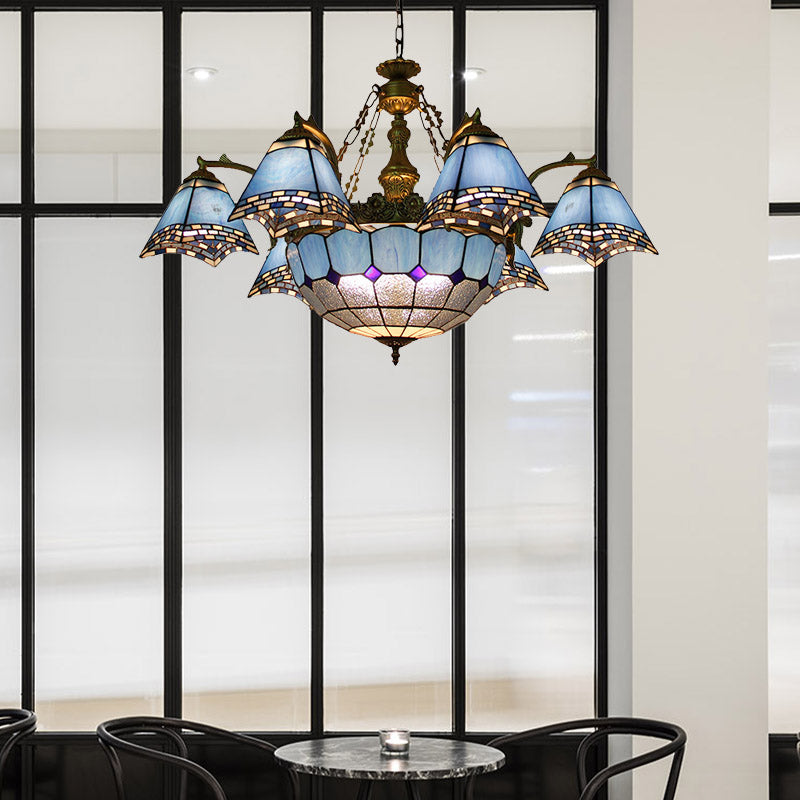 Lustre baroque en vitrail : suspension pyramidale bleue pour salon - 9/11 lumières