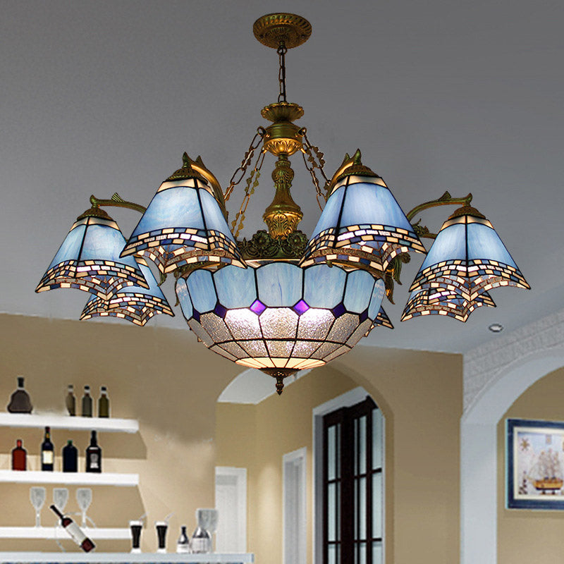 Lustre baroque en vitrail : suspension pyramidale bleue pour salon - 9/11 lumières