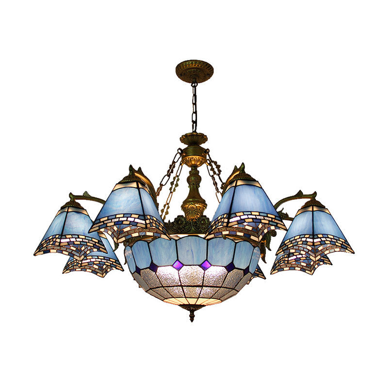 Lustre baroque en vitrail : suspension pyramidale bleue pour salon - 9/11 lumières