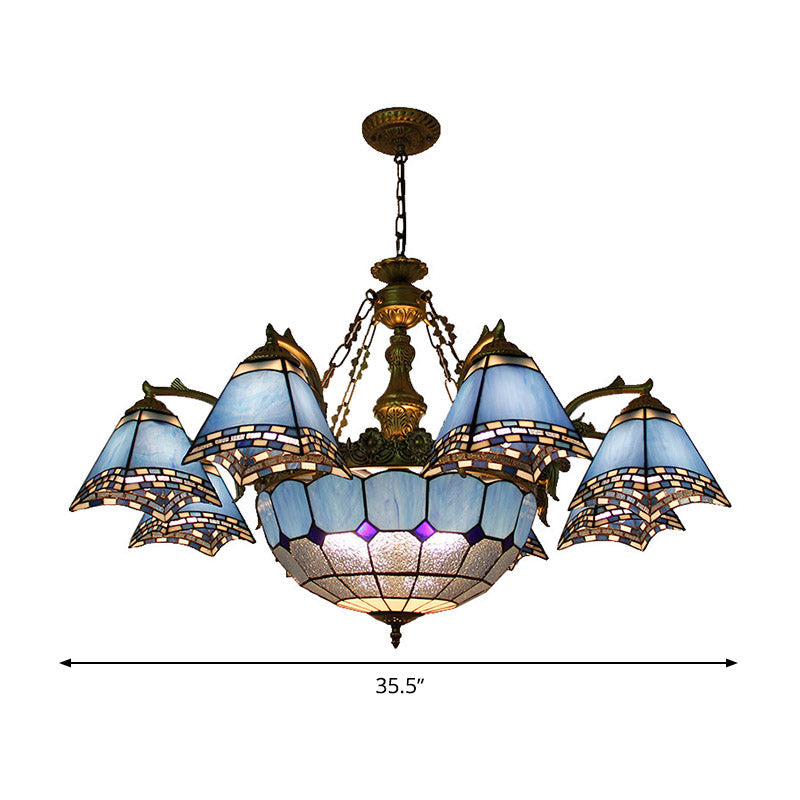 Lustre baroque en vitrail : suspension pyramidale bleue pour salon - 9/11 lumières
