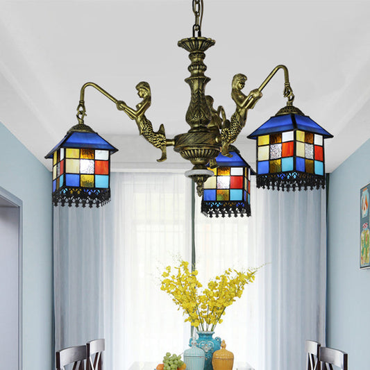 Lustre en verre teinté bleu pour salon - Plafonnier de maison méditerranéenne avec 5/9/11 lumières